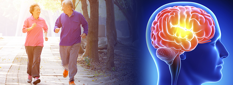  a photo of a man and woman running next to another photo of illustration of brain