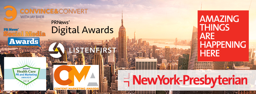 Several awards overlayed on a skyline of New York City