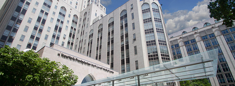 Upward angle photo entrance to Weill Cornell medical center