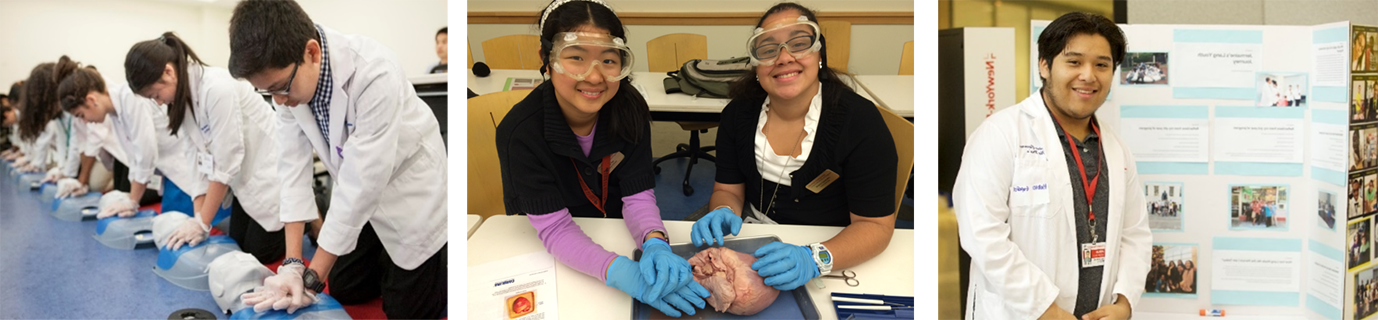 Three photos of students learning CPR and involved in various medical activities